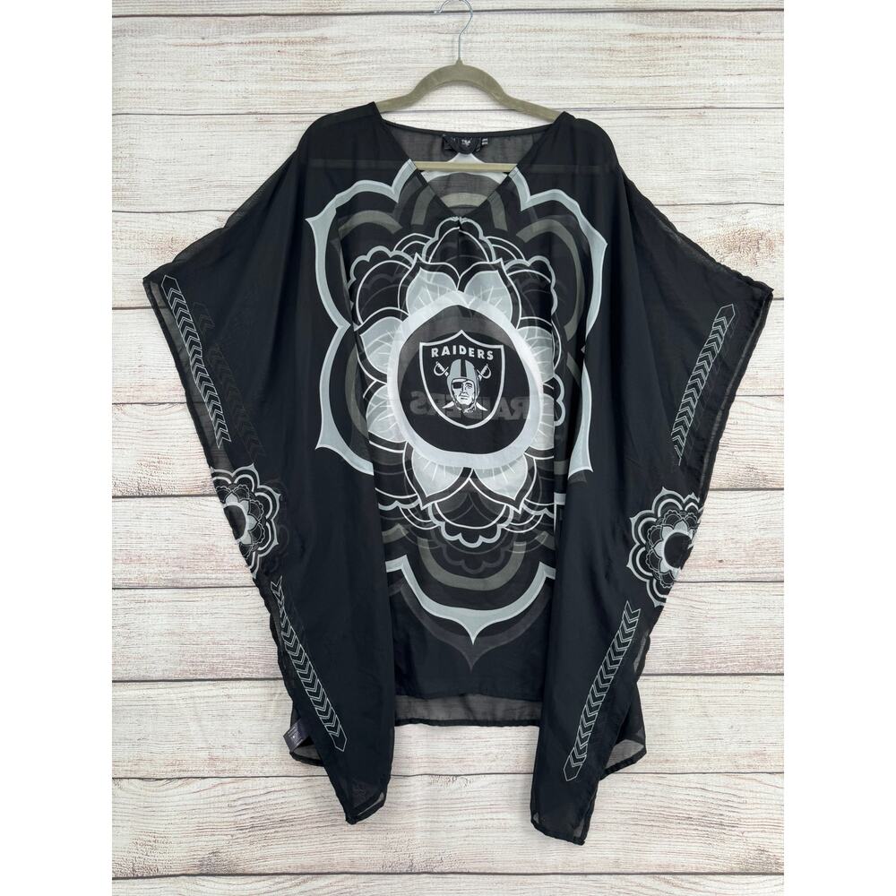 NFL Las Vegas Raiders Semi Sheer Pullover Poncho Kimono Womens O/S Black Silver